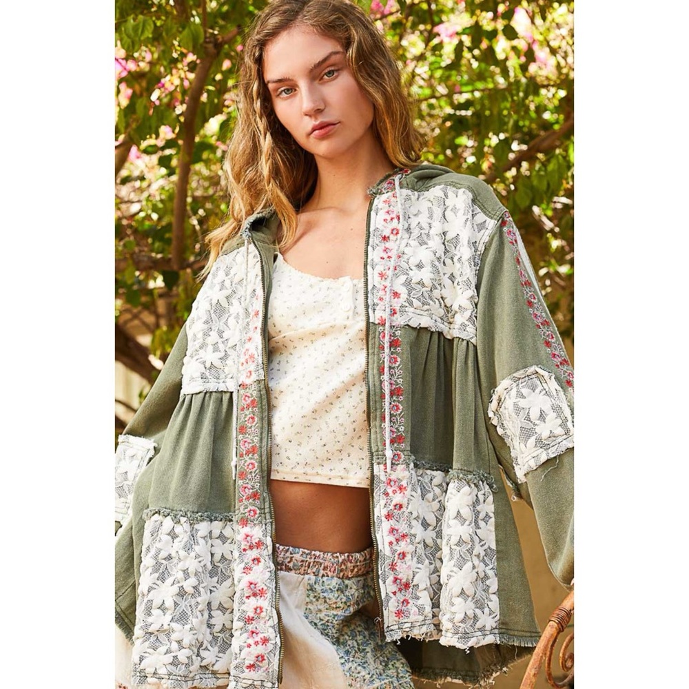 POL Olive Denim Patchwork Hoodie Jacket | Lace Patch Floral Embroidery - Picture 7 of 8